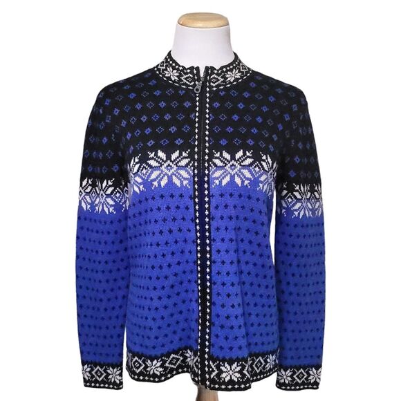 NOMADIC TRADERS Blue Fair Isle Snowflake Zip Up Cardigan Womens Medium - Picture 1 of 10